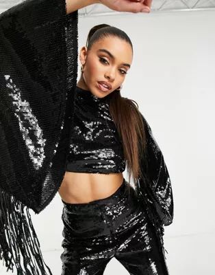 ASOS LUXE sequin fringe sleeve top with open back in black | ASOS (Global)