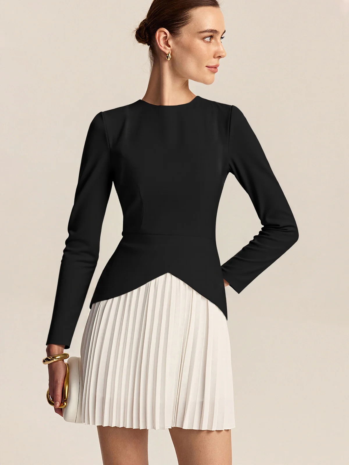 Long Sleeve Color-Block Pleated Dress | Commense
