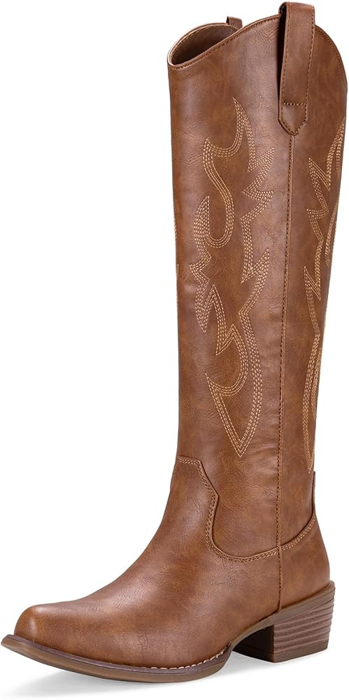 Jeossy Women's Cowboy Boots Embroided Western Cowgirl Boots Square Toe Knee High Pull on Wide Cal... | Amazon (US)