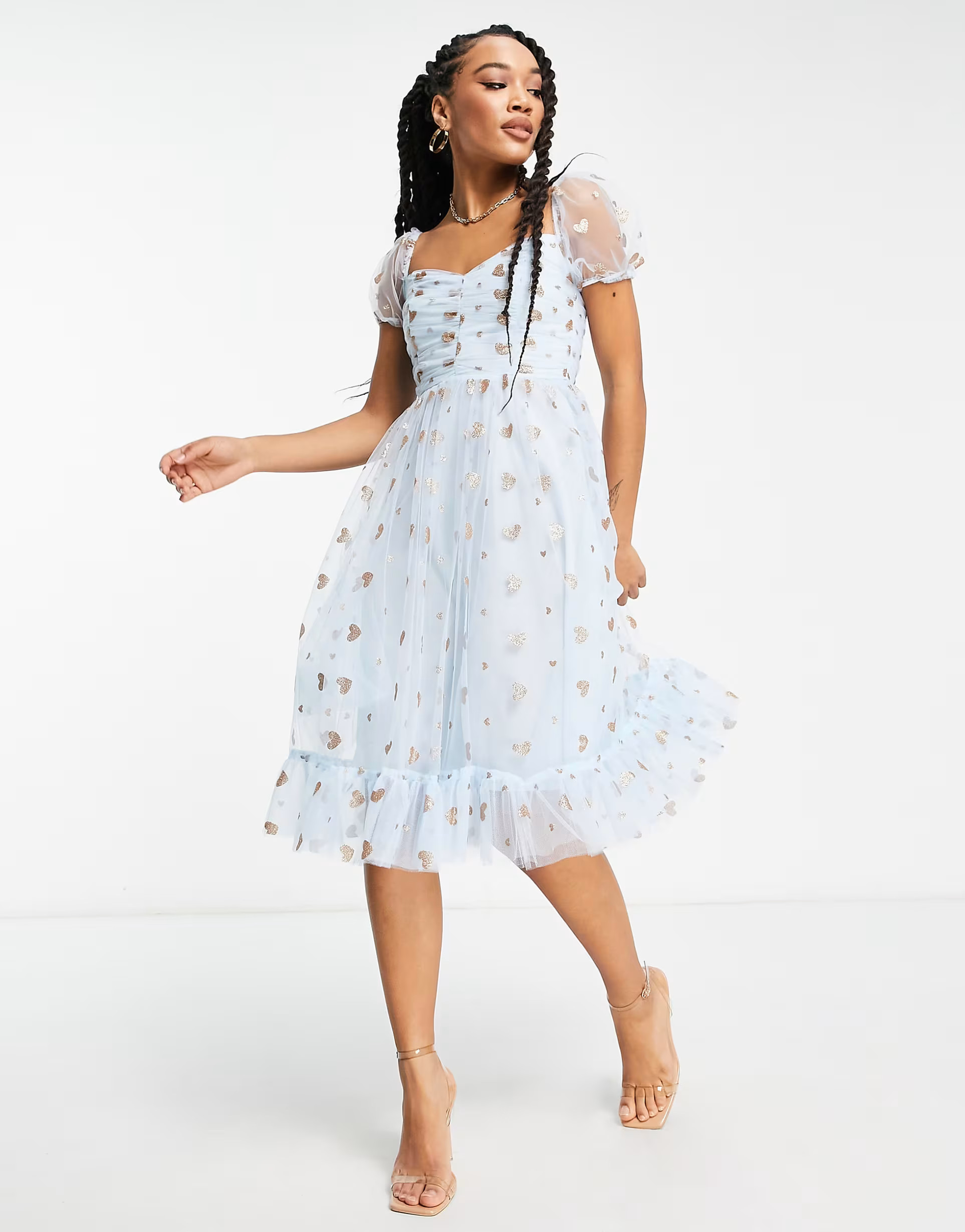 Collective the Label exclusive valentines puff sleeve glitter heart midi dress in dusky blue | ASOS (Global)