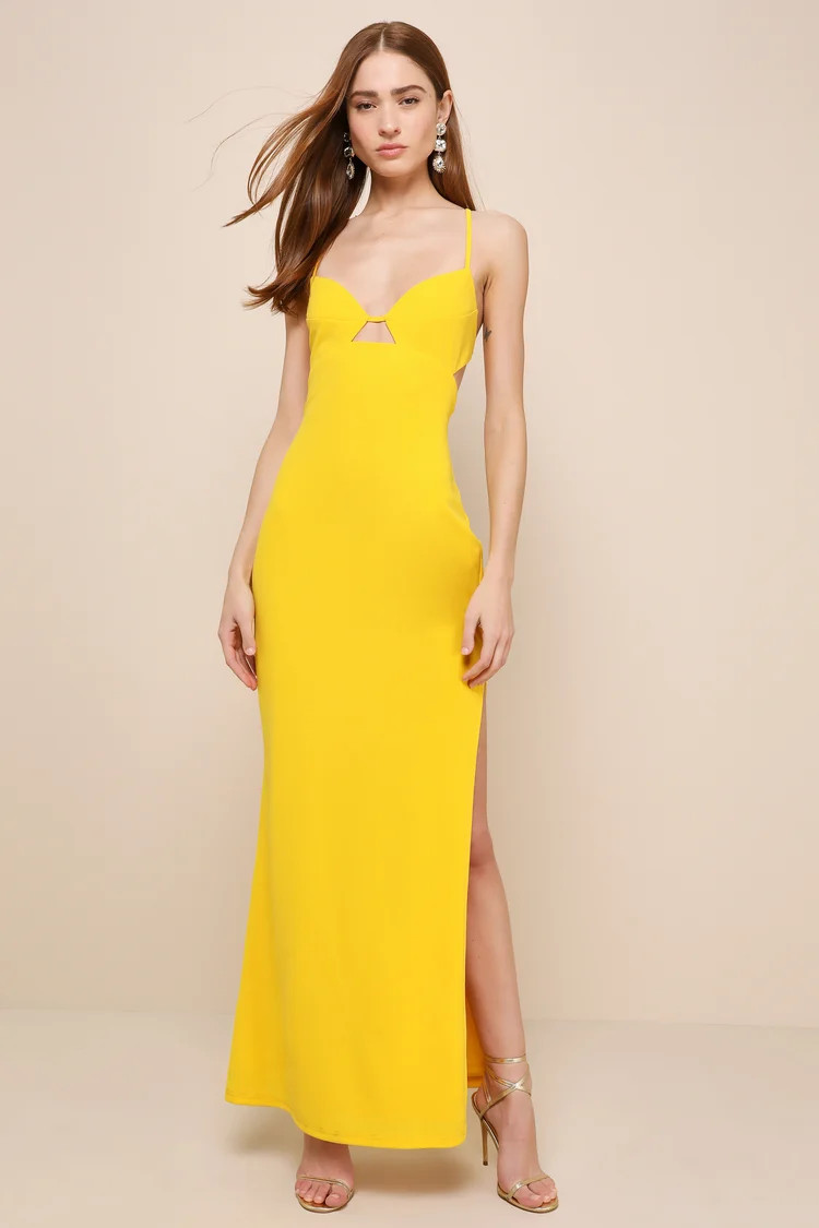 Incredibly Iconic Yellow Sleeveless Lace-Up Cutout Maxi Dress | Lulus
