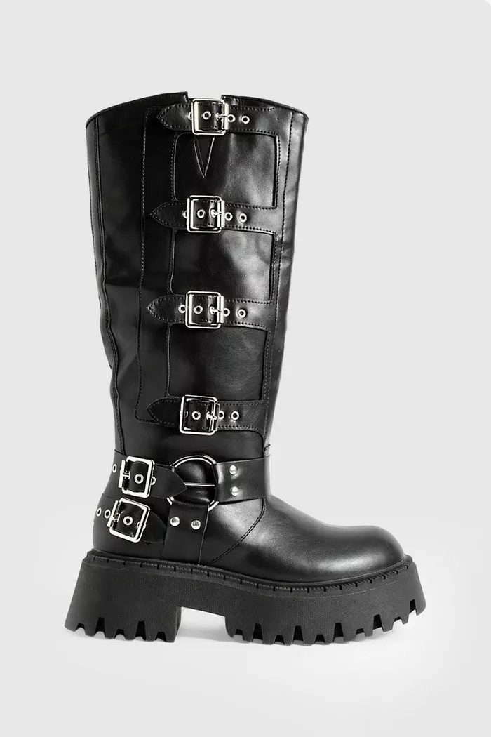 Buckle Detail Biker Knee High Boots | boohoo (US & Canada)
