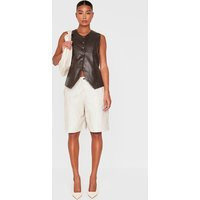 Brown Faux Leather Long Line Button Up Vest | PrettyLittleThing US