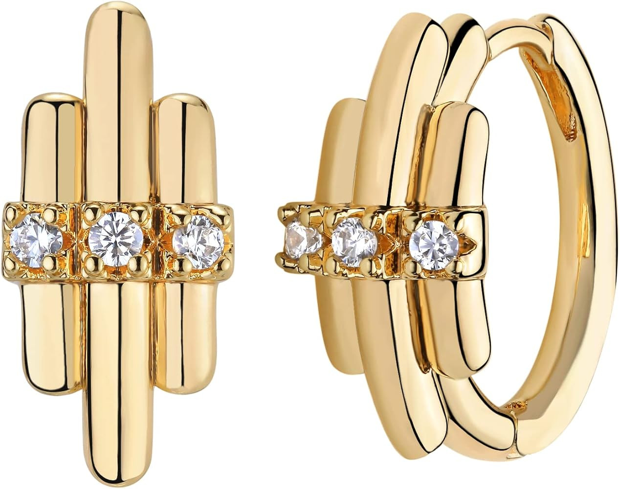 MTMY Huggie Hoop Earrings 14K Gold Plated Cubic Zirconia Dainty Simple Cute Beads Elegant CZ Circ... | Amazon (US)