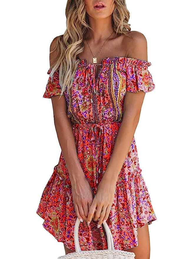 GAMISOTE Womens V Neck Wrap Dress Boho Floral Print Ruffle Tie Waist Mini Dresses | Amazon (US)