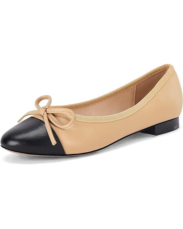 Womens Cap Toe Ballet Flats Bow Pointed Toe Slip On Office Work Comfort Dress Party Flat Shoes | Amazon (US)