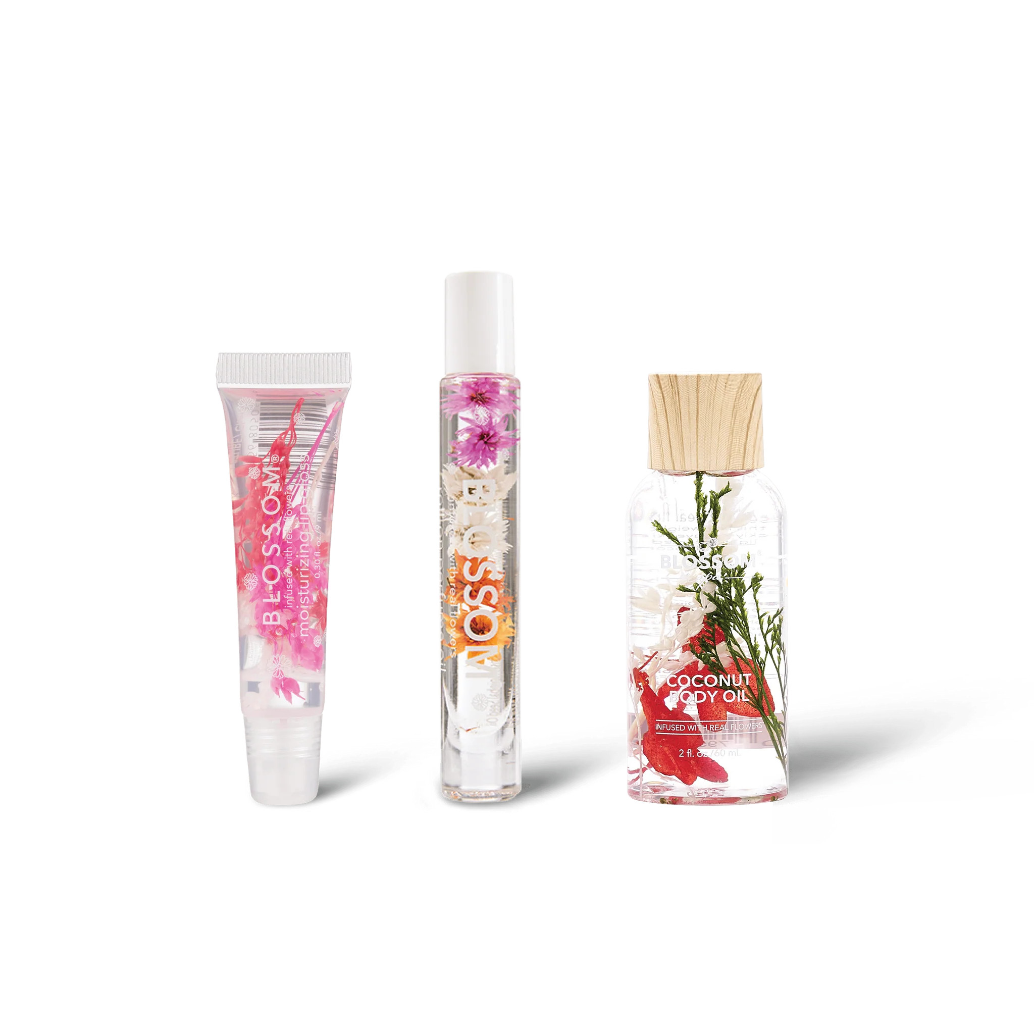 Sunset Sensation - Moisturizing Lip Gloss Tube, Roll-On Perfume Oil, and Coconut Body Oil | Blossom Beauty