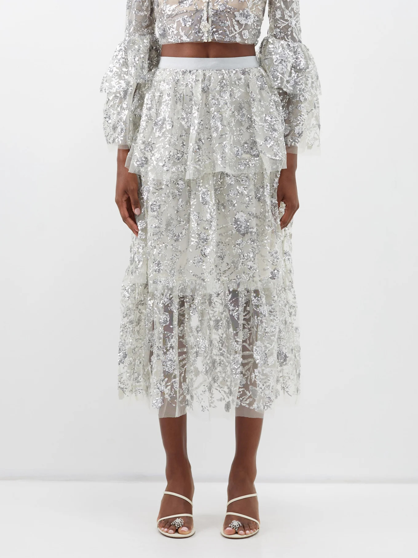 High-waist sequinned tiered tulle skirt | Matches (US)