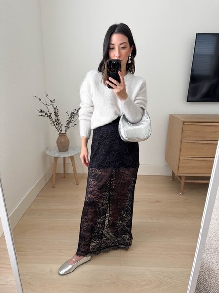 Holiday party outfit ideas. Christmas party outfit. This skirt is so fun and comfy! Also this sweater is stunning and can be dressed up!

Madewell sweater xs
Hill House Home skirt xs
Jeffrey Campbell flats 5
Madewell bag 
Jcrew earrings 

#LTKHoliday #LTKparties