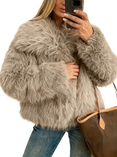 Funlingo Faux Fur Coat for Women Winter Warm Long Sleeve Cropped Jakcet Trendy Lapel Shaggy Outerwear Khaki M | Amazon (US)
