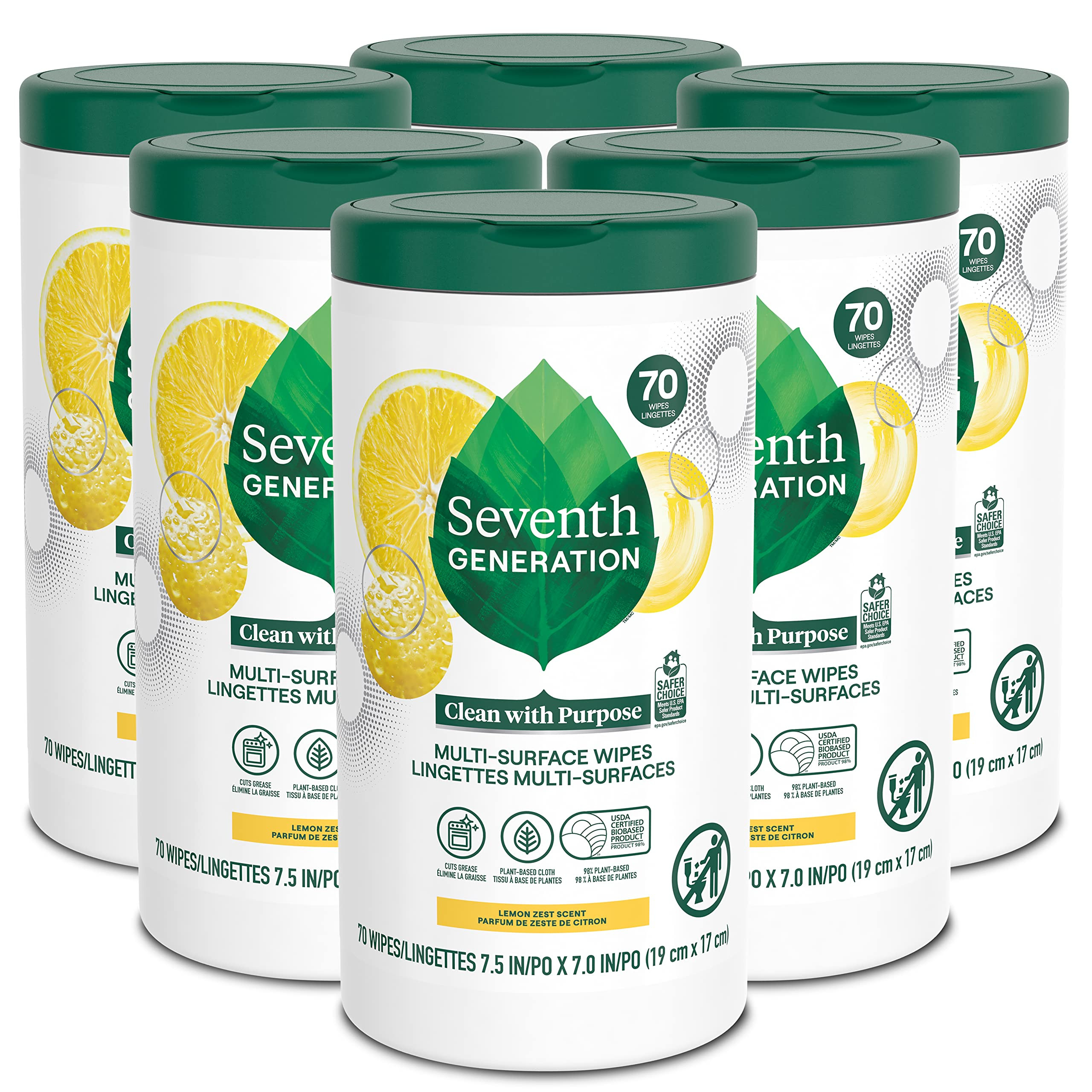 Seventh Generation Multi Surface Wipes, 70 count, Pack of 6 | Amazon (US)