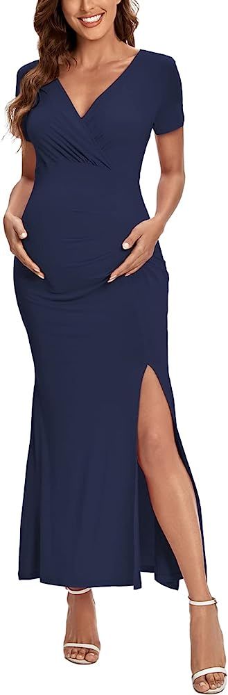 CareGabi Maternity Dress V Neck Short Sleeve Gowns Side Slits Elegant Pregnancy Dresses for Photo... | Amazon (US)