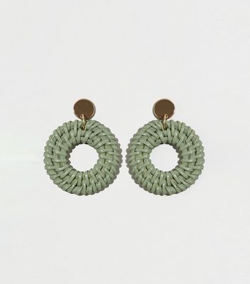 Green Woven Raffia Drop Hoop Earrings  | New Look | New Look (UK)