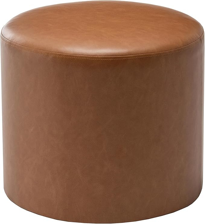Wovenbyrd 19-Inch Wide Round Pouf Ottoman Footstool, Caramel Brown Faux Leather | Amazon (US)