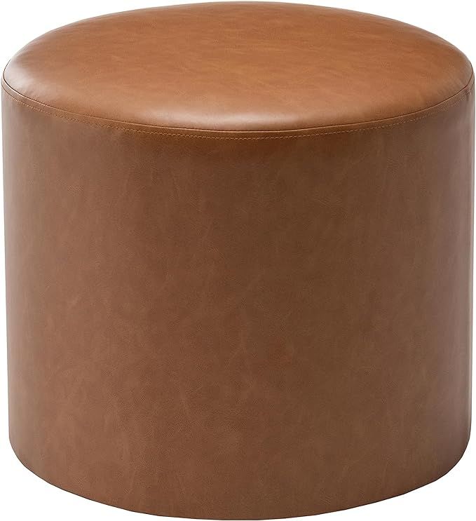 Wovenbyrd 19-Inch Wide Round Pouf Ottoman Footstool, Caramel Brown Faux Leather | Amazon (US)