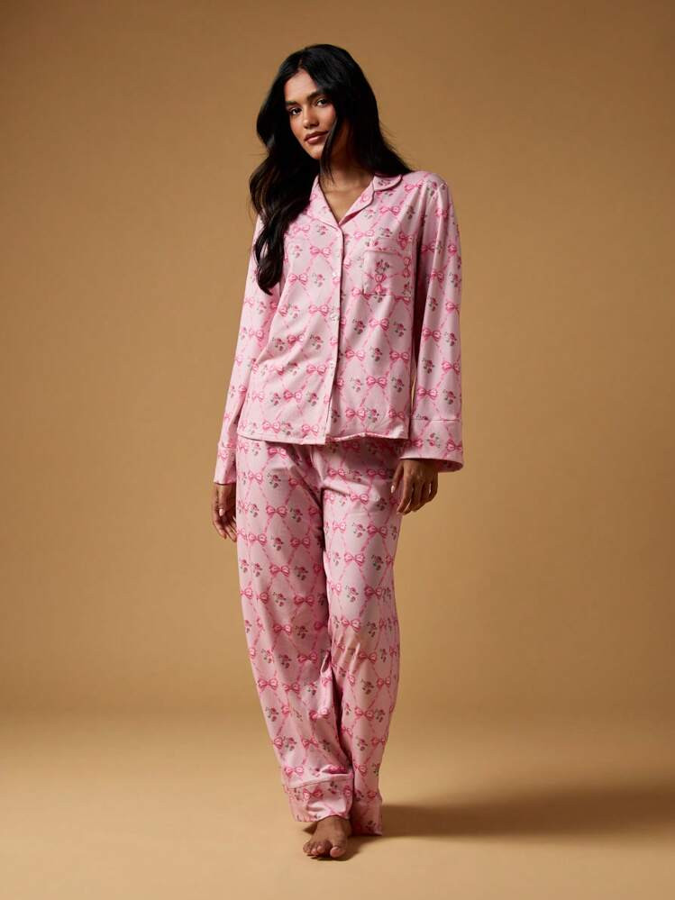 MISSGUIDED Long Sleeve Pajama Set Winter Sleepwear Floral Bow Print Button Down Collared Nightwear Lounge Wear Comfortable Sleep Set Valentines Gift | SHEIN