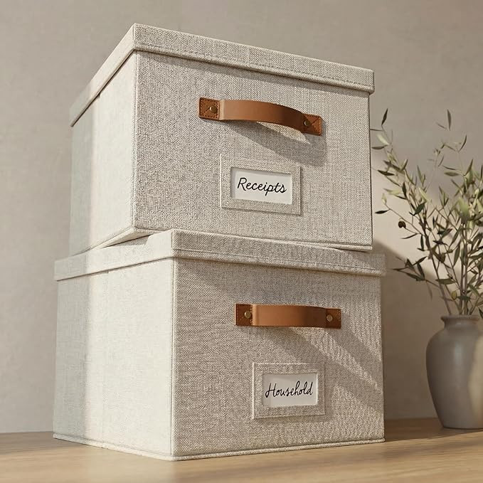 Decorative File Organizer Box Set of 2 - Collapsible Linen Filing Cabinets | Stores Documents and... | Amazon (US)