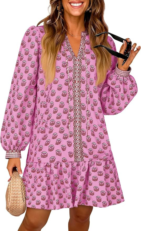 Wenrine Womens Long Sleeve Casual Mini Dress Floral V Neck Ruffle Loose Fall Boho Babydoll Dresse... | Amazon (US)