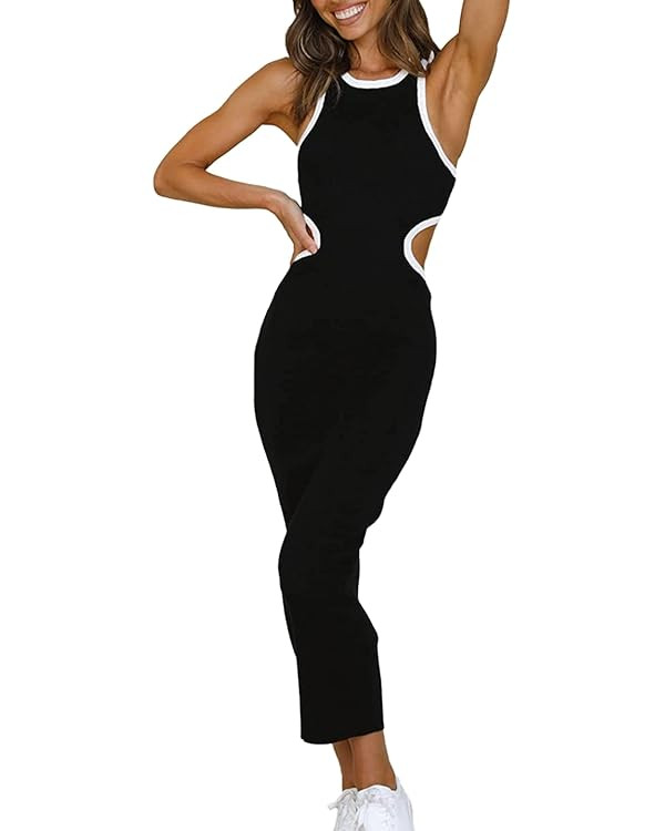 NauLon Womens Sexy Cut Out Waist Open Back Bodycon Dress Ankle Length Ribbed Party Club Midi Mini... | Amazon (US)