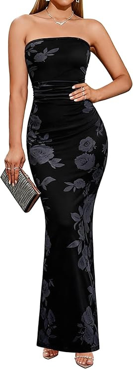 BTFBM Women Summer Strapless Maxi Dress 2026 Bodycon Floral Long Wedding Guest Dress Formal Tube ... | Amazon (US)