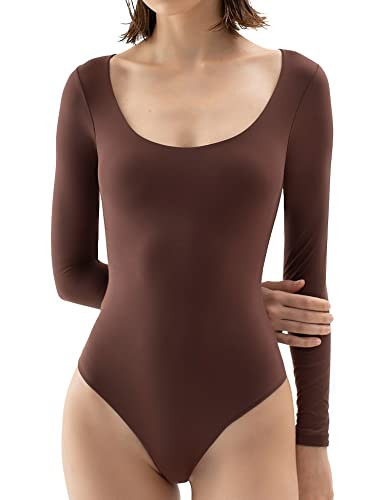 PUMIEY Long Sleeve Bodysuit For Women Sexy Scoop Neck Tops Brown Body Suits Womens Fashion Tiramisu Small | Amazon (US)