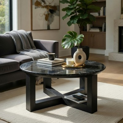 Kia Coffee Table, Round Marble Top and Three Leg Wood Base, Black 32 Inch | Target