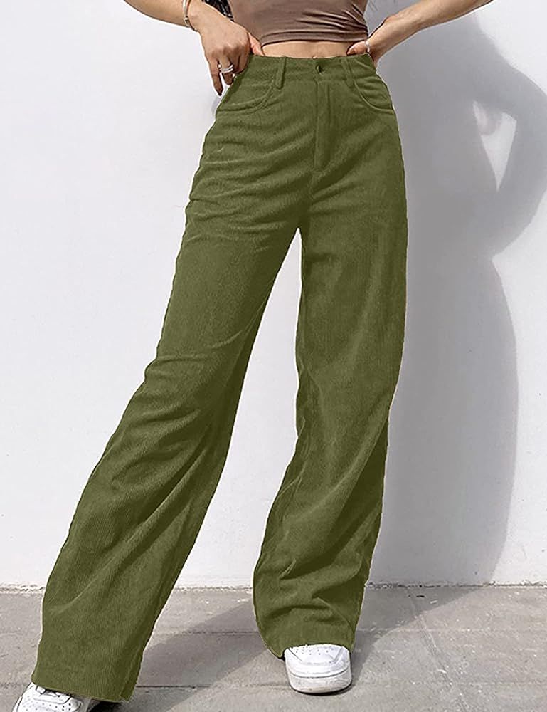 SCUSTY Women's Vintage Corduroy High Elastic Waist Wide Leg Pocketed Pants Trouser | Amazon (US)