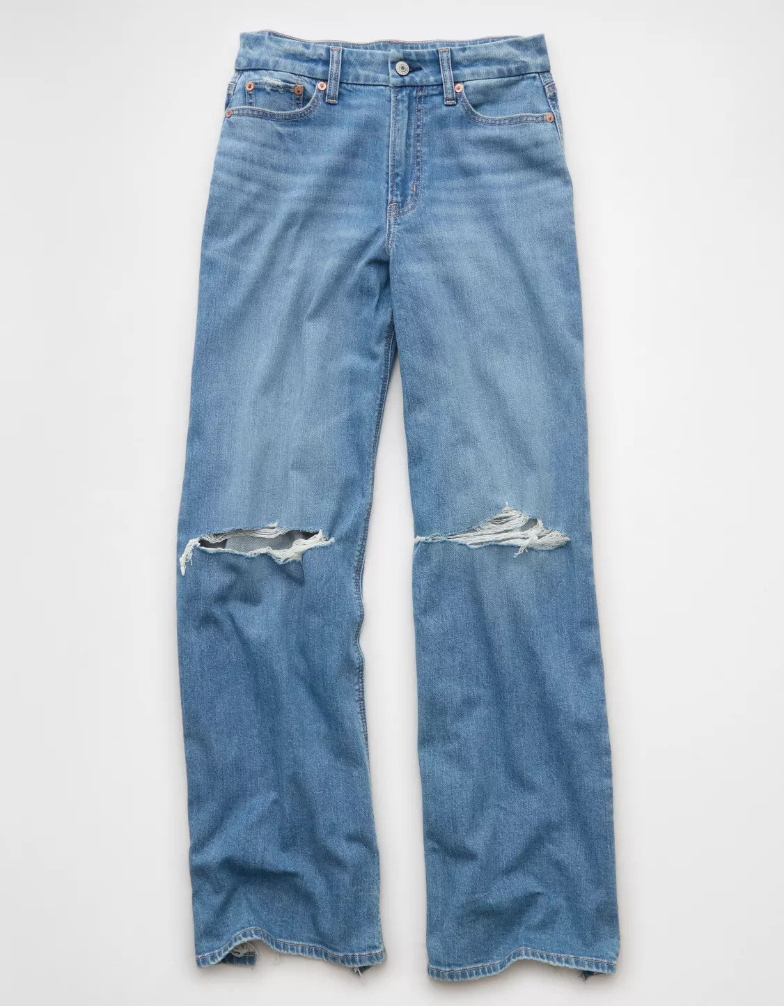 AE Dreamy Drape Stretch Curvy Ripped Super High-Waisted Baggy Wide-Leg Jean | American Eagle Outfitters (US & CA)