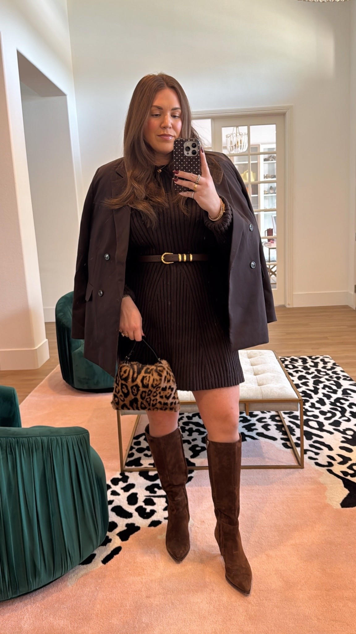 midsize curvy chocolate brown fall look! wearing size xl in sweater dress (it’s thick!) and size large in oversized blazer 

#LTKSeasonal #LTKMidsize #LTKFindsUnder50