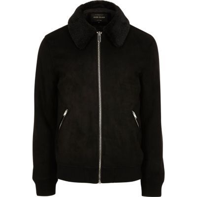 Black faux suede faux fur collar jacket | River Island (US)