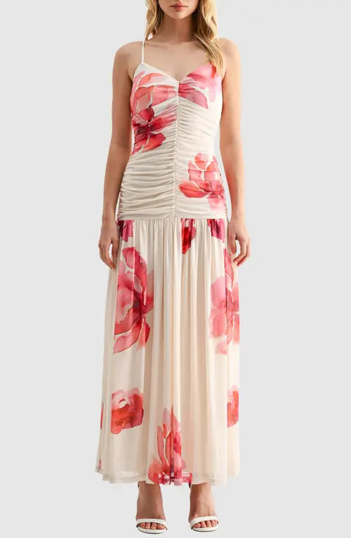All in Favor Floral Ruched Drop Waist Chiffon Midi Dress in Cream Red Floral at Nordstrom, Size Large | Nordstrom