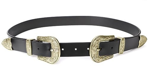 JASGOOD Double Buckle Western Belts For Woman Cowgirl Country Belt Vintage Black Leather Belt For Jeans Pants Dresses | Amazon (US)