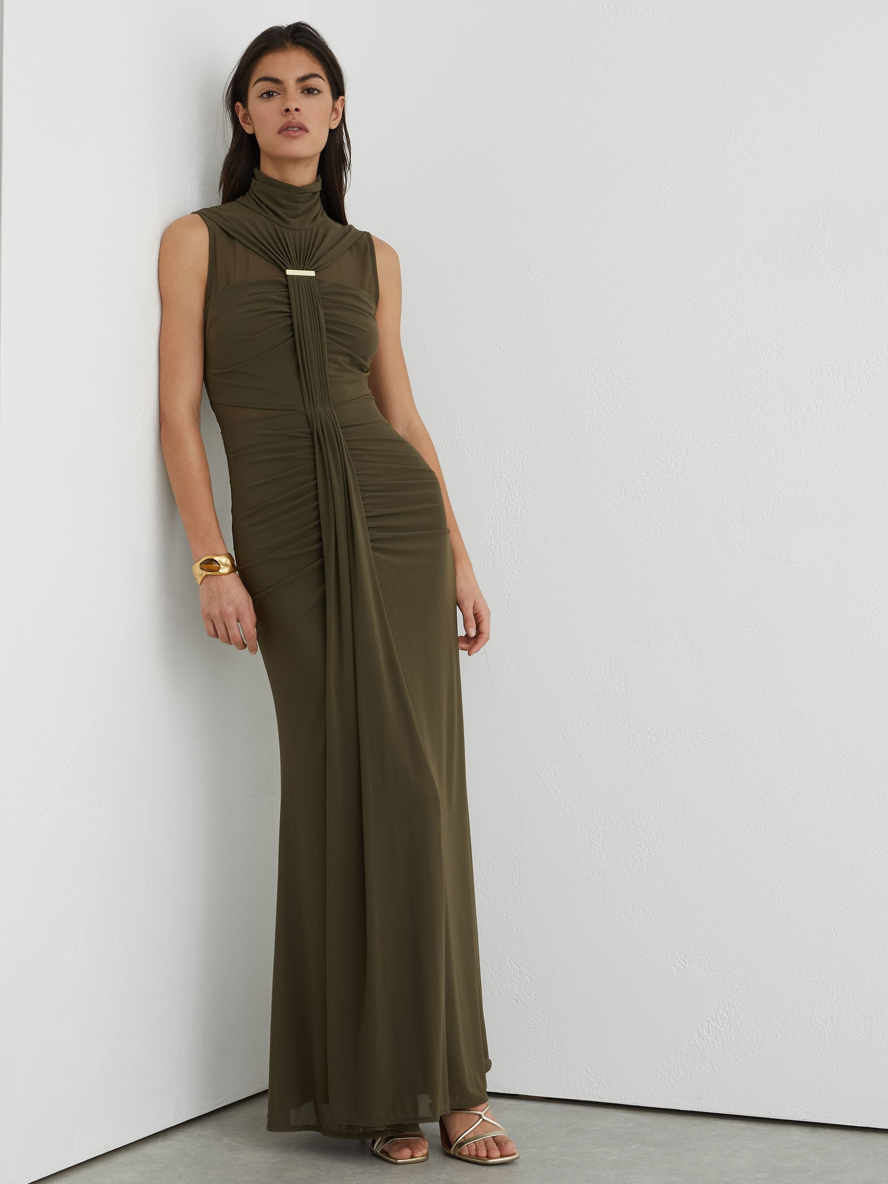 Reiss Petite Ruched Sleeveless Maxi Dress in Khaki Green - REISS | Reiss UK