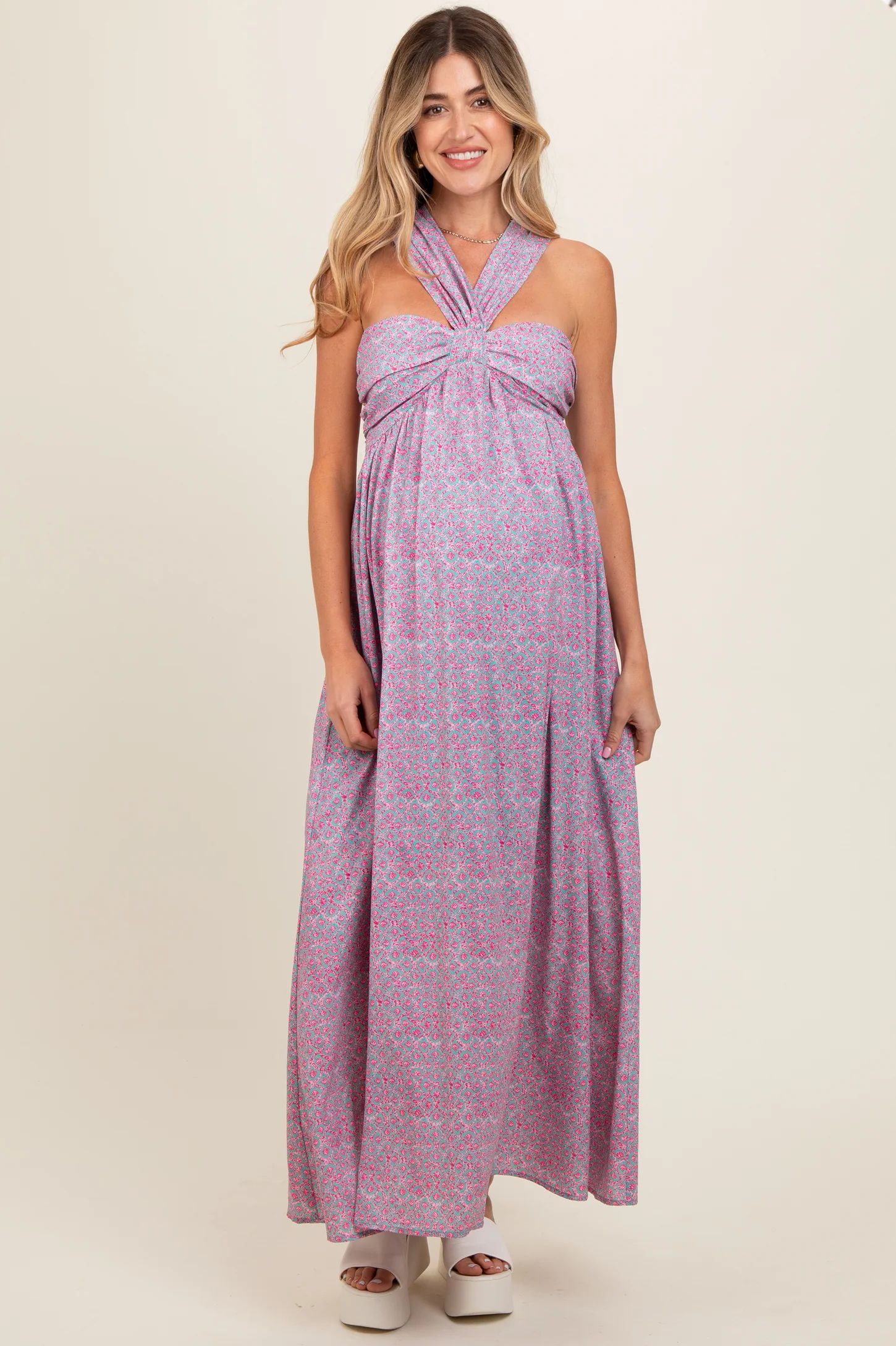 Teal Print Halter Maternity Maxi Dress | PinkBlush Maternity