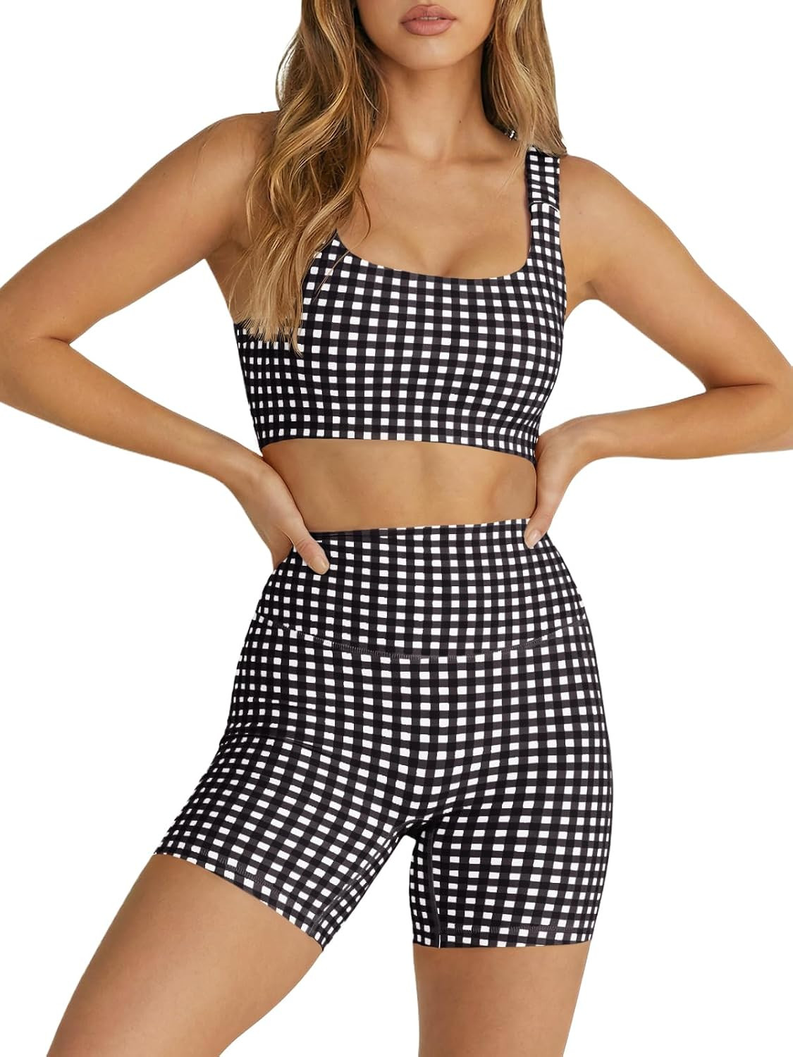 Womens Workout Gingham 2 Piece Outfits Padded Crop Tank Shorts Sets | Amazon (US)