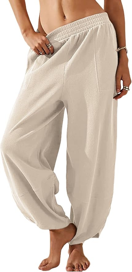 Himosyber Women Cotton Pants Wide Leg Pants Casual Loose Baggy Elastic Waist Beach Palazzo Harem ... | Amazon (US)