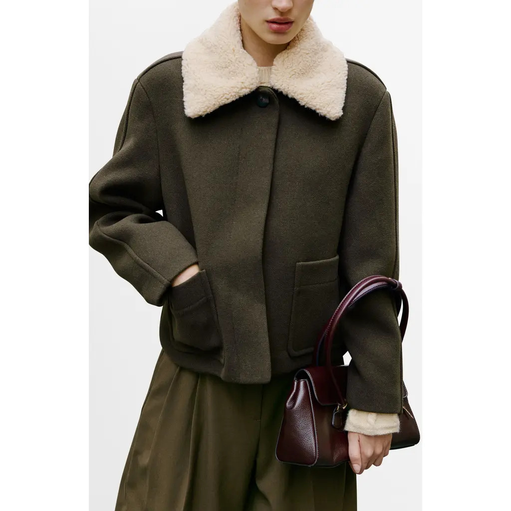 MANGO Jacket with Removable Faux Shearling Collar in Khaki Green at Nordstrom Rack, Size Large | Nordstrom Rack