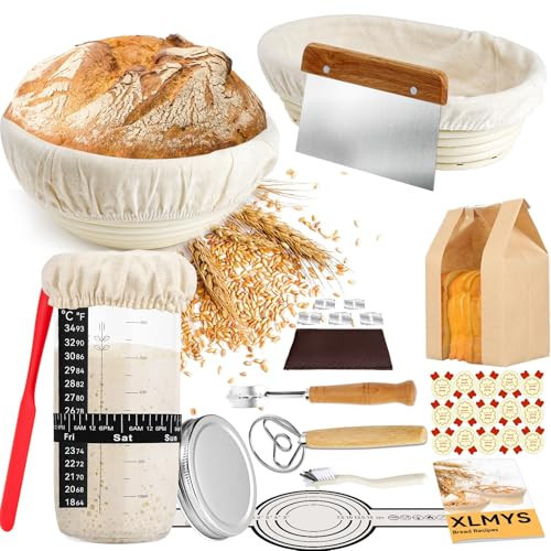 Sourdough Starter Kit - Banneton Proofing Basket 9 Inch Round & 10 Oval, Complete Sourdough Bread Baking Supplies with Starter Jar, Bread Sling, Lame, Danish Dough Whisk, Bags | Amazon (US)