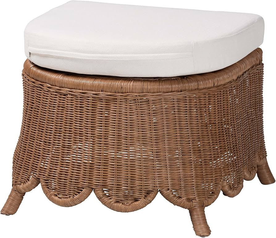 Bali & pari Detta Natural Rattan Footstool with Cushion - Handwoven Wicker Ottoman with Scalloped... | Amazon (US)