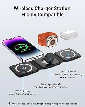 Wireless Charger, Magnetic Foldable 3 in 1 Mag-Safe Charger, Fast Travel Wireless Charging Statio... | Amazon (US)