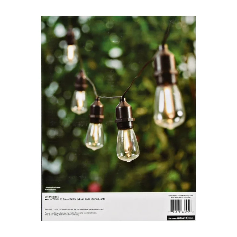 Better Homes & Gardens 15-Count Solar Powered Shatterproof Edison Bulb Outdoor String Lights | Walmart (US)