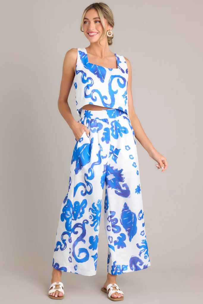 Sundrenched Escapes Blue & White Tropical Print Pants | Red Dress