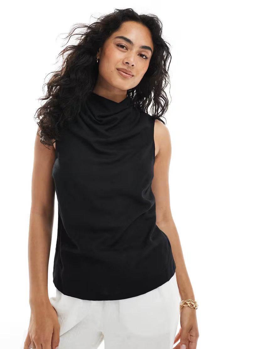 ASOS DESIGN cowl neck sleeveless top in linen blend in black | ASOS (Global)