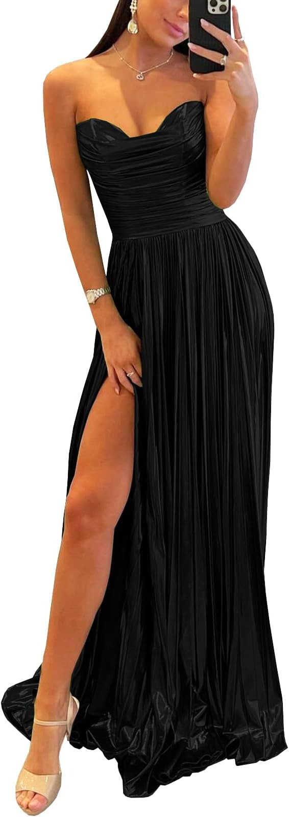 WIOJEIGO Satin Prom Dresses Long 2024 Pleated with Slit Strapless Empire Waist Evening Party Dres... | Amazon (US)