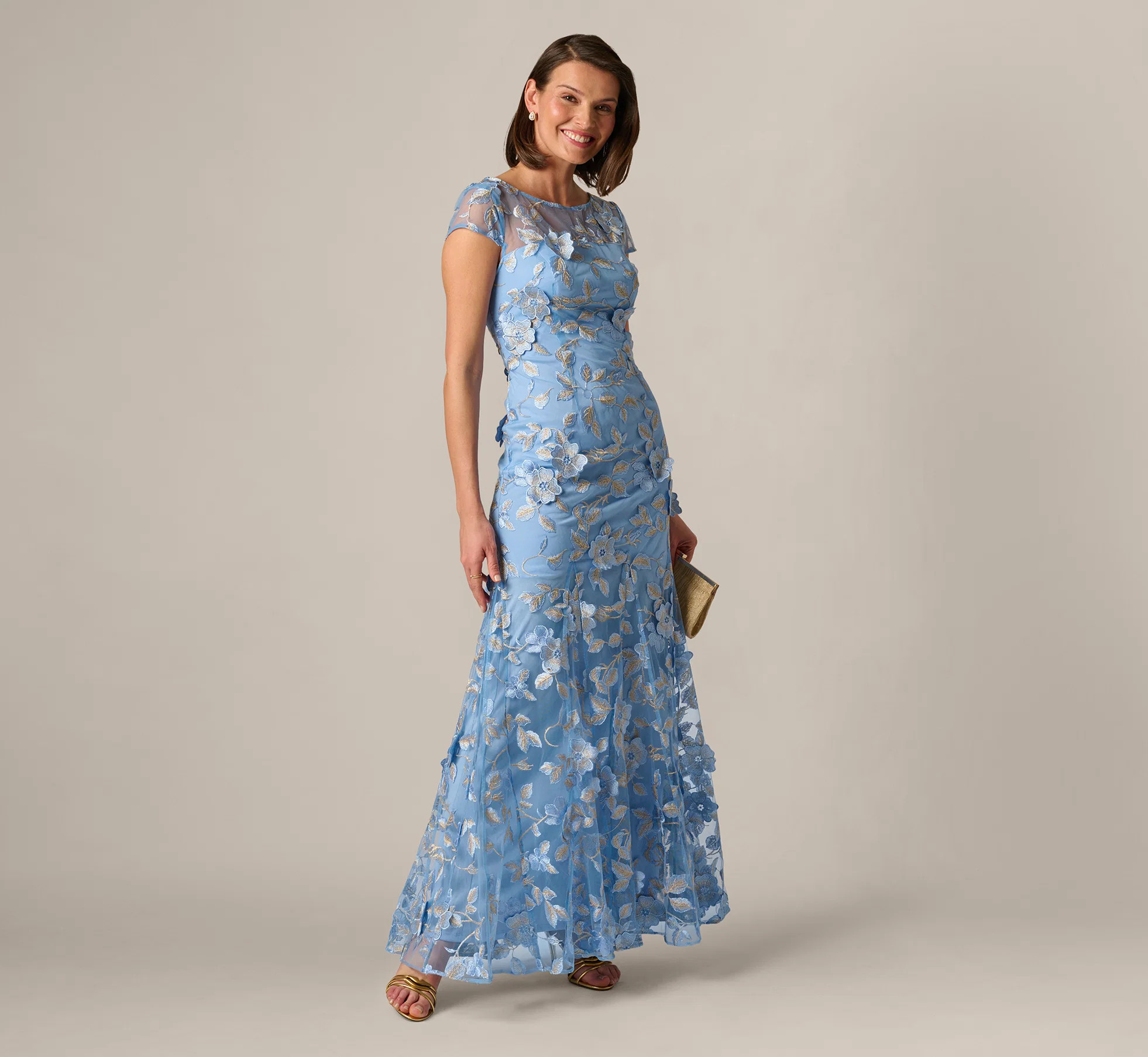 Blue Cap Sleeve Floral Embroidered Illusion Godet Gown - Adrianna Papell | Adrianna Papell