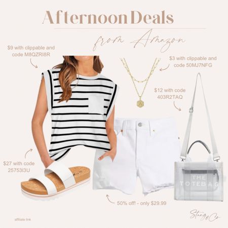 Afternoon deals include this striped tee, Levi’s denim shorts (50% off!), slide sandals, a tote bag, and a layered necklace. 

Amazon deals, afternoon deals, ootd, summer outfit, tall friendly style 

#LTKfindsunder50 #LTKstyletip #LTKsalealert