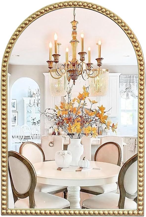 Beaded Frame Arch Wall Mirror, 24" X 36" Gold Bathroom Vantity Mirror, Ornate Decorative Mirror f... | Amazon (US)