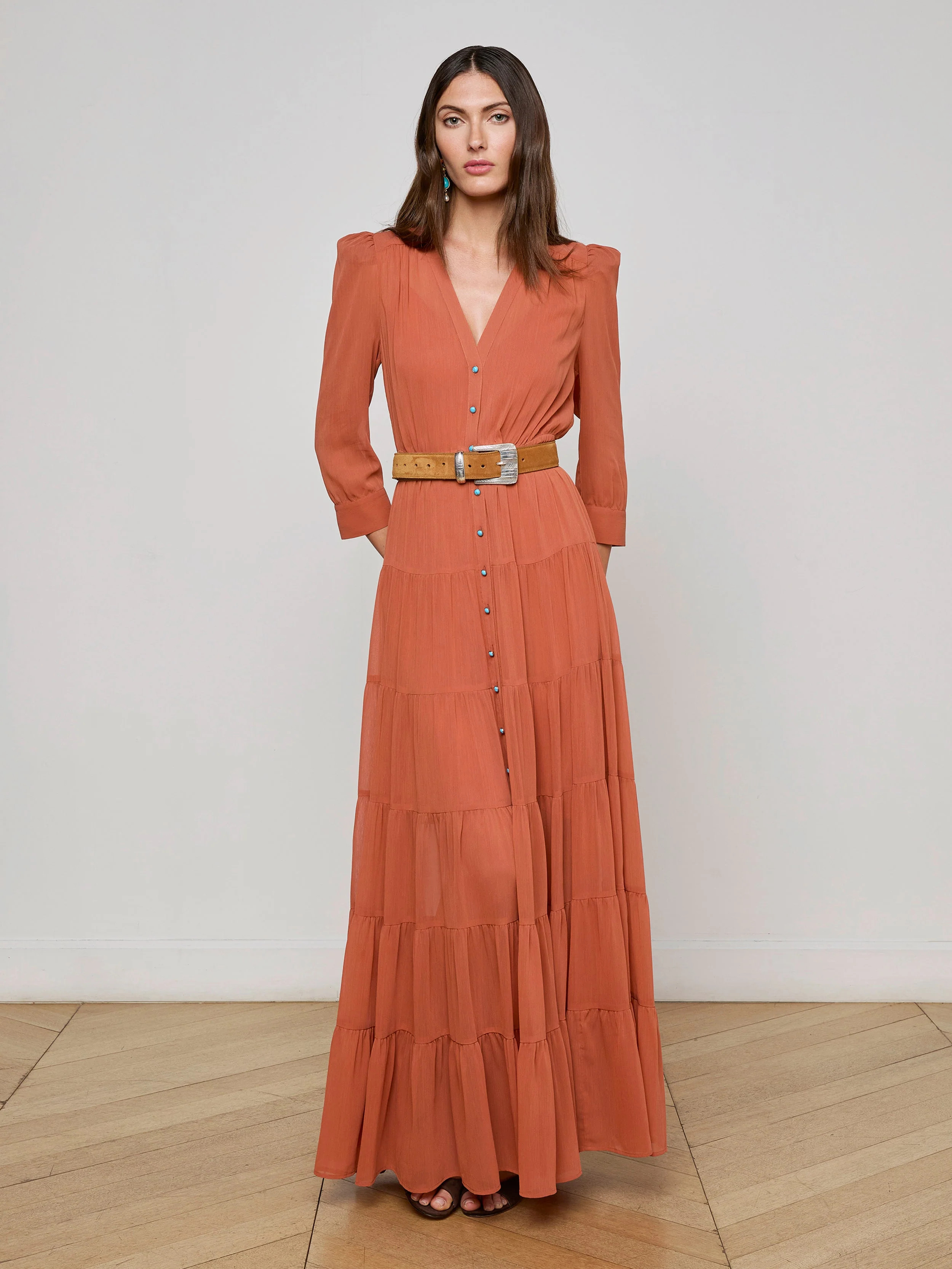 L'AGENCE - Seraphina Tiered Maxi Dress in Baked Clay | L'Agence
