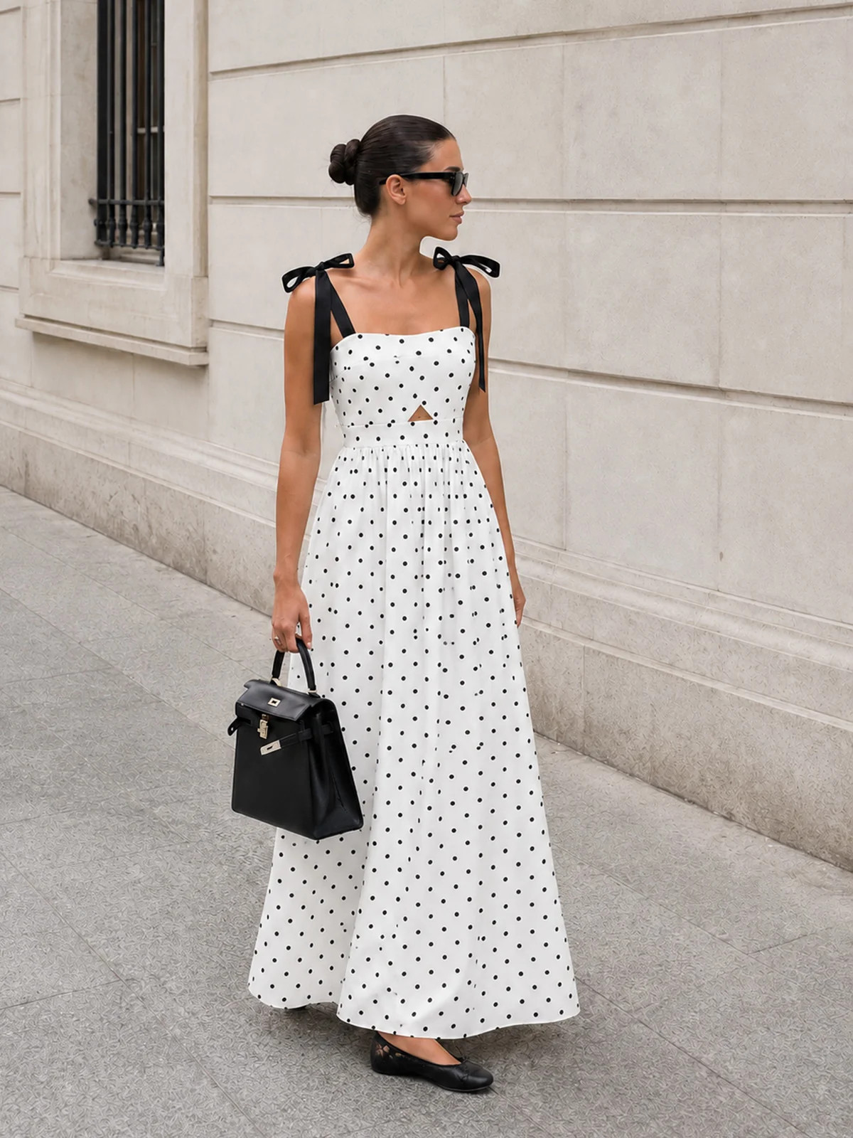 Bow Strap Polka Dot Midi Slip Dress | Commense