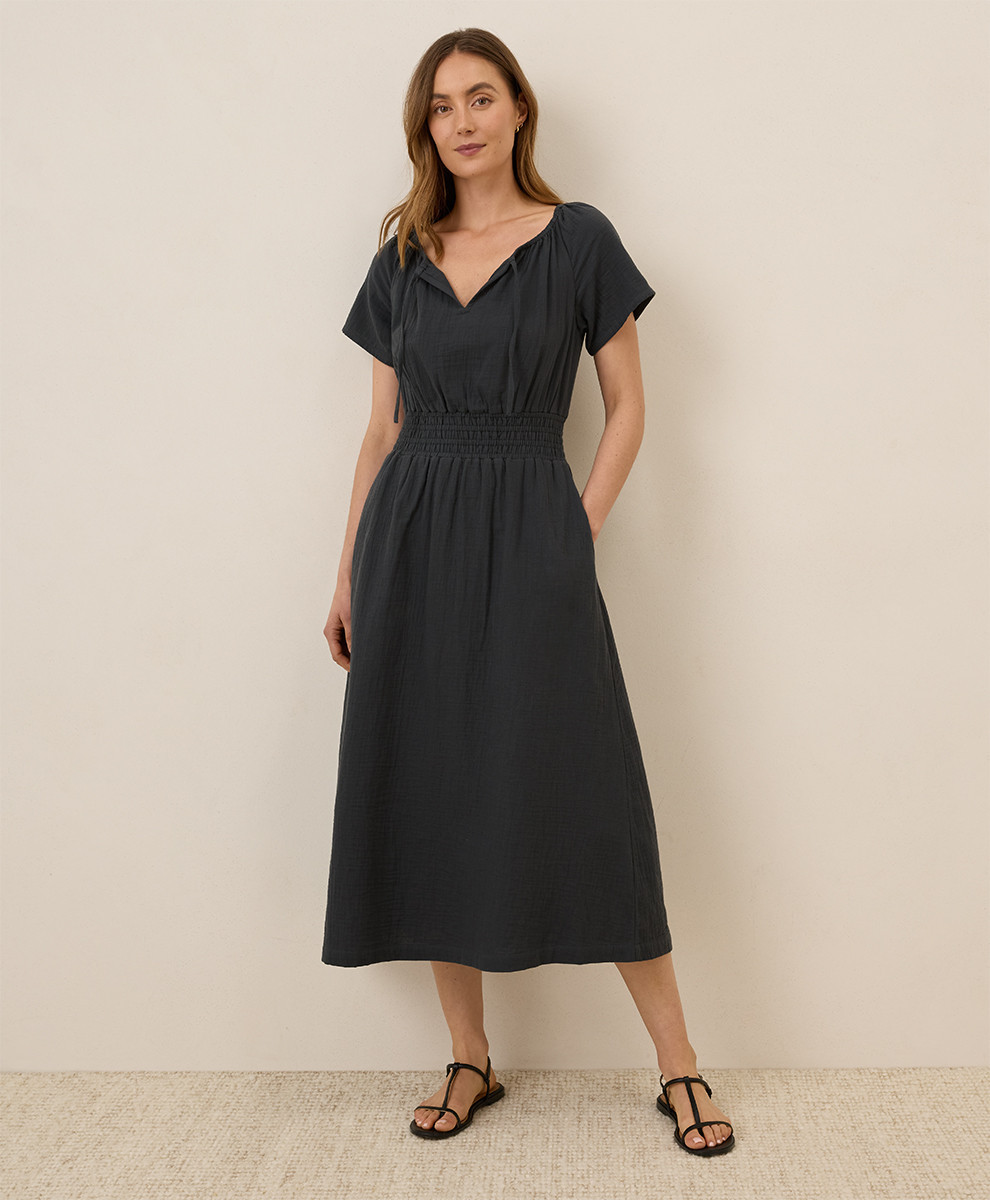 Women's Black Coastal Double Gauze Boho Midi Dress M | Pact Apparel